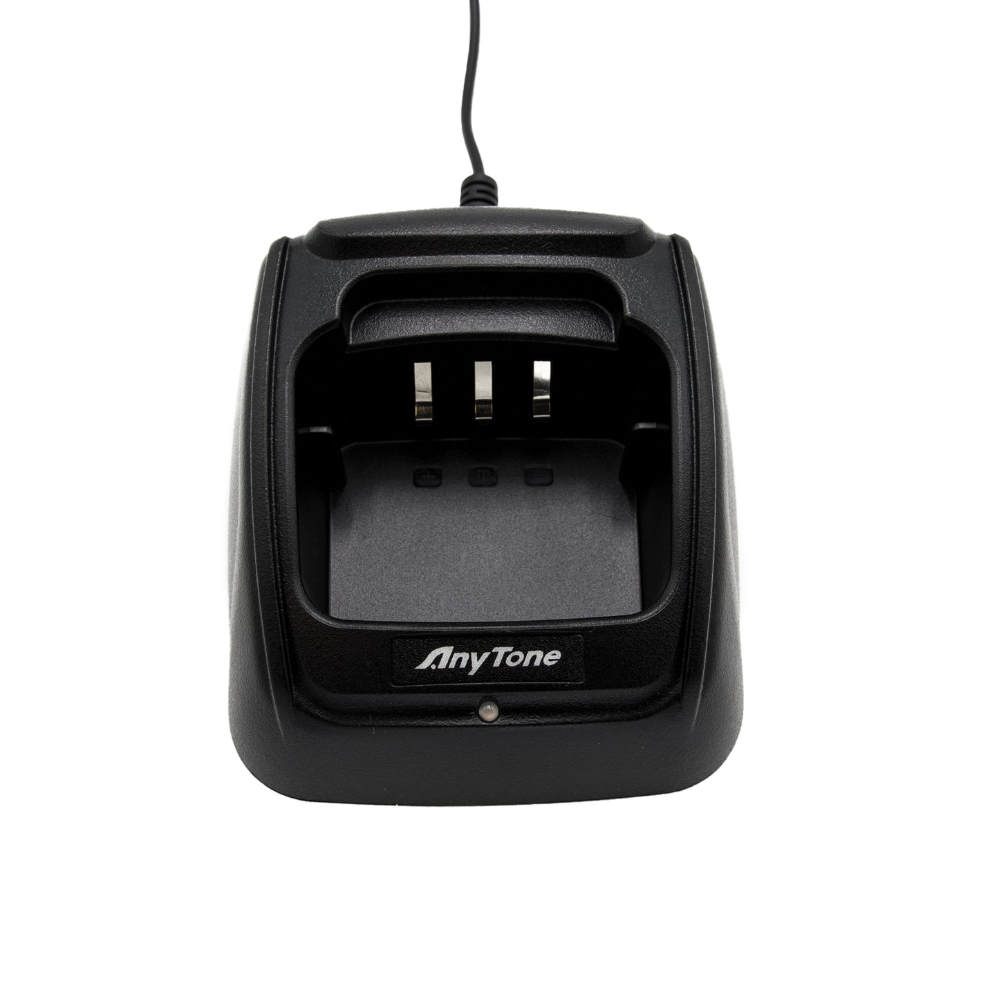 A black AnyTone AT-D868UV / AT-D878UV Charging Base Kit with a connected power cord. The dock features three metal prongs inside and has the AnyTone logo printed on the front. The charging slot is prominently visible, designed to accommodate devices like the AnyTone AT-D868UV and AT-D878UV.