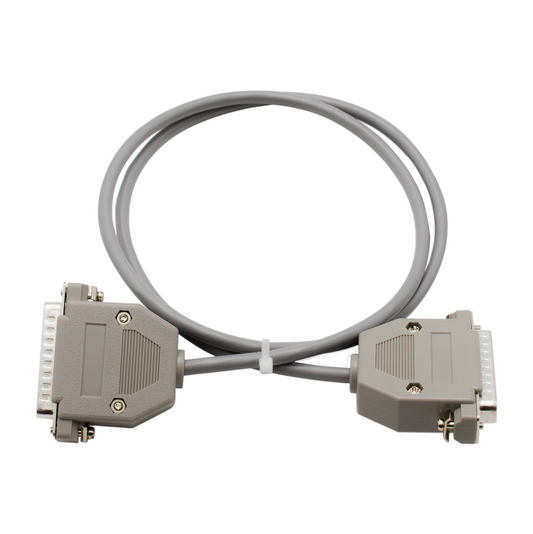 The BCR to STM32_DVM Modem- 2 ft is a grey serial cable with DB25 connectors on both ends, ideal for a Modem Pi-Hat setup. The cable is coiled into a loose circle with a white twist tie holding the coils together in the middle. The connectors feature metal screws for securely attaching to devices.