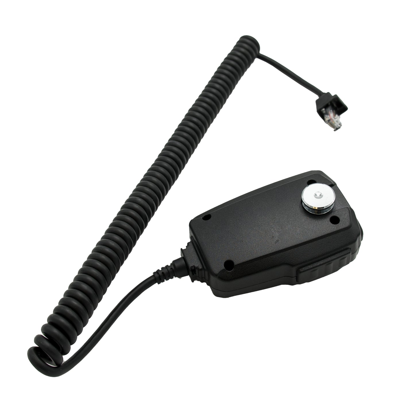 A black coiled wire with a handset clip on one end and an RJ-45 connector on the other, specifically designed for use with the AnyTone AT-D578UV Series Replacement Mic.