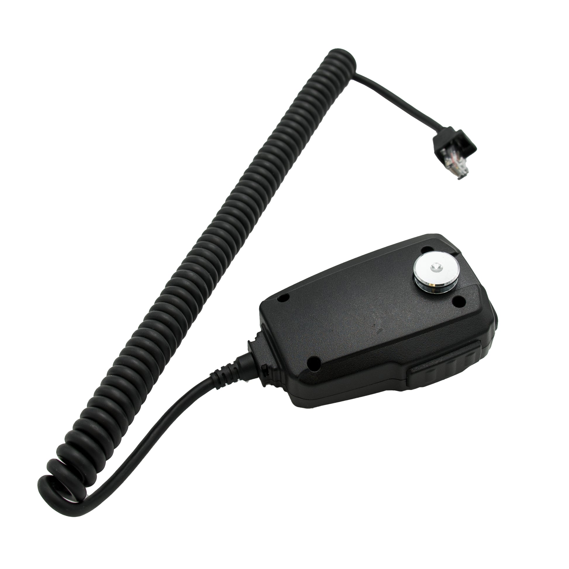 A black coiled wire with a handset clip on one end and an RJ-45 connector on the other, specifically designed for use with the AnyTone AT-D578UV Series Replacement Mic.