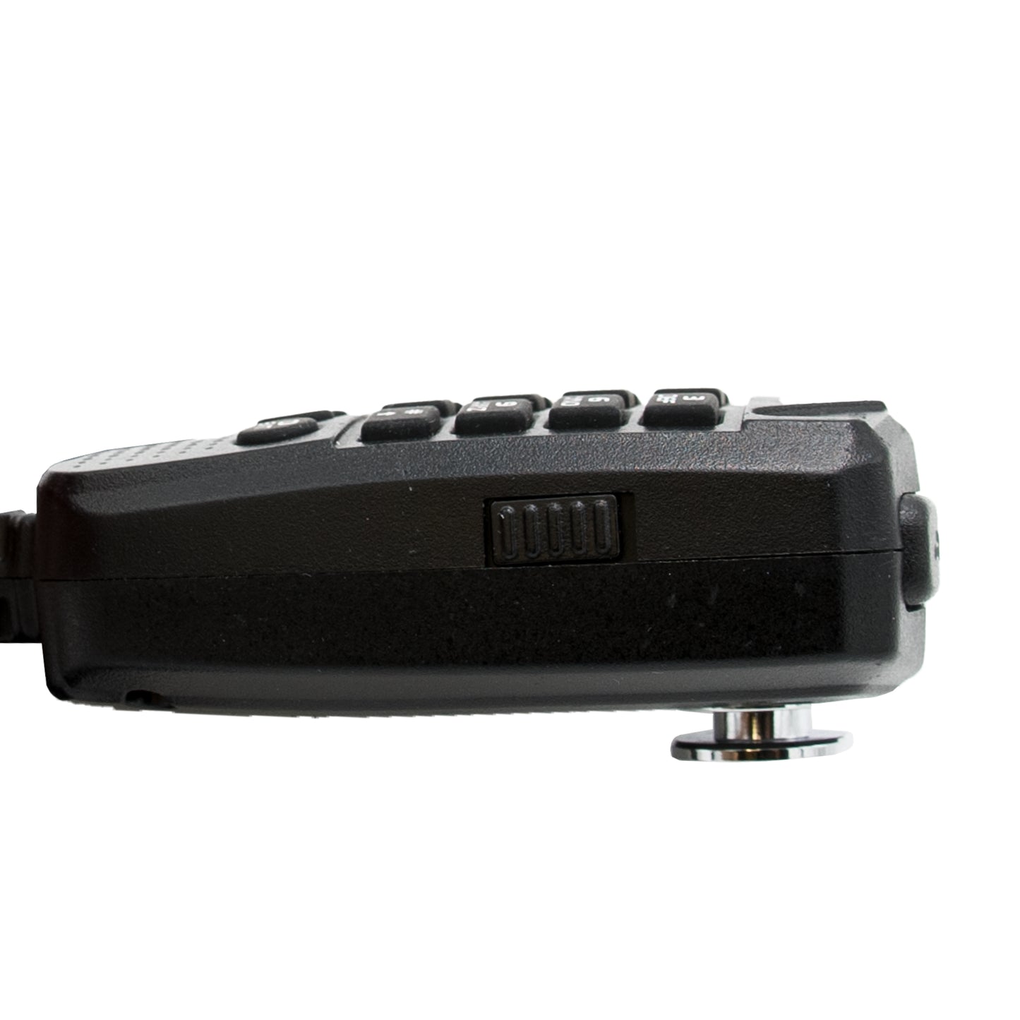 The AnyTone AT-D578UV Series Replacement Mic, a black handheld microphone, appears in side view with several buttons on the top. A small mounting screw is visible at the bottom against a completely white background.