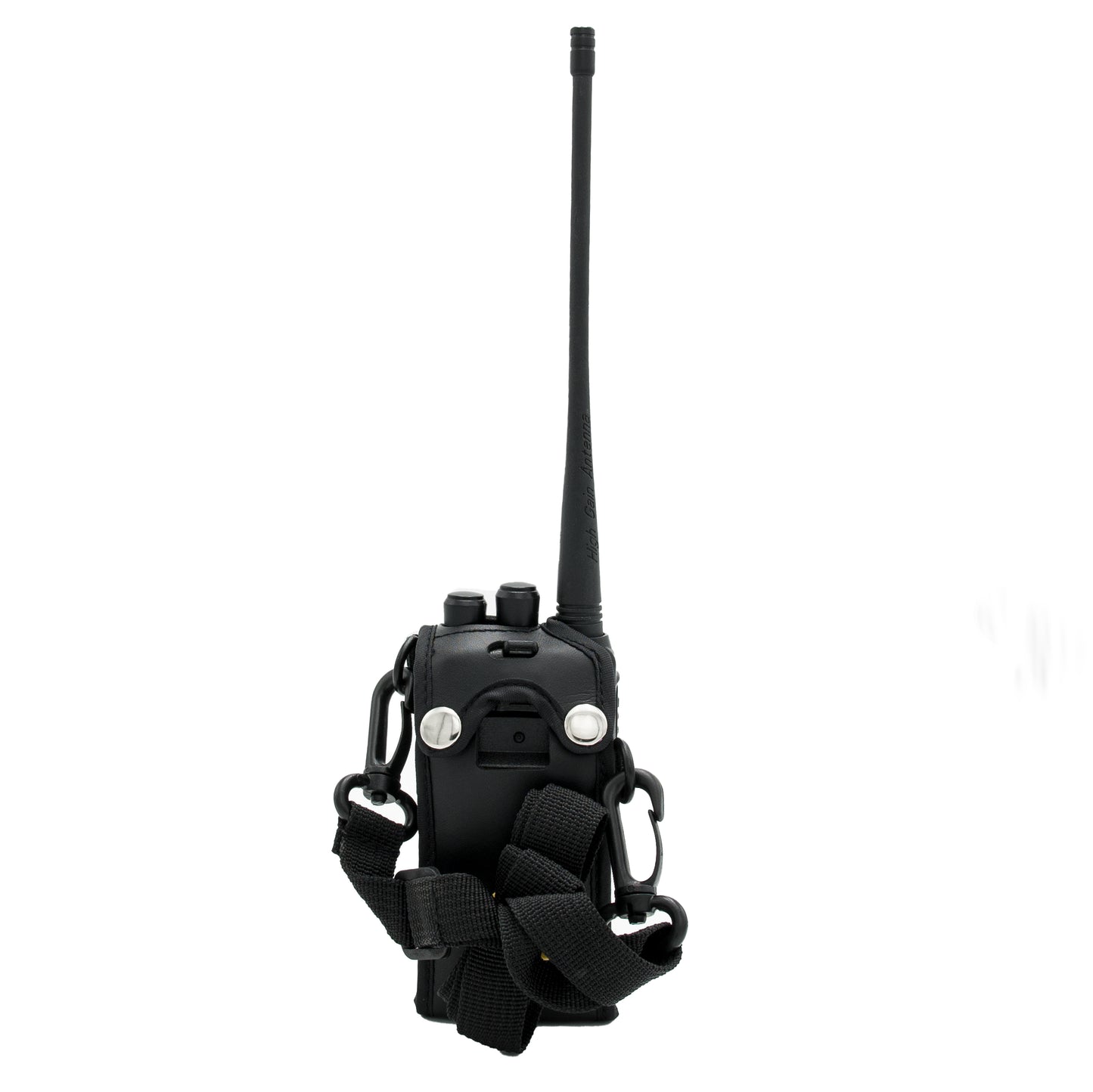 The Heavy Duty AnyTone 868/878 Protective Case is designed to hold a black portable two-way radio with an extended antenna. The device includes several buttons and two silver knobs on the top, and it comes with a faux leather protective case, a black strap, and clips for easy carrying.