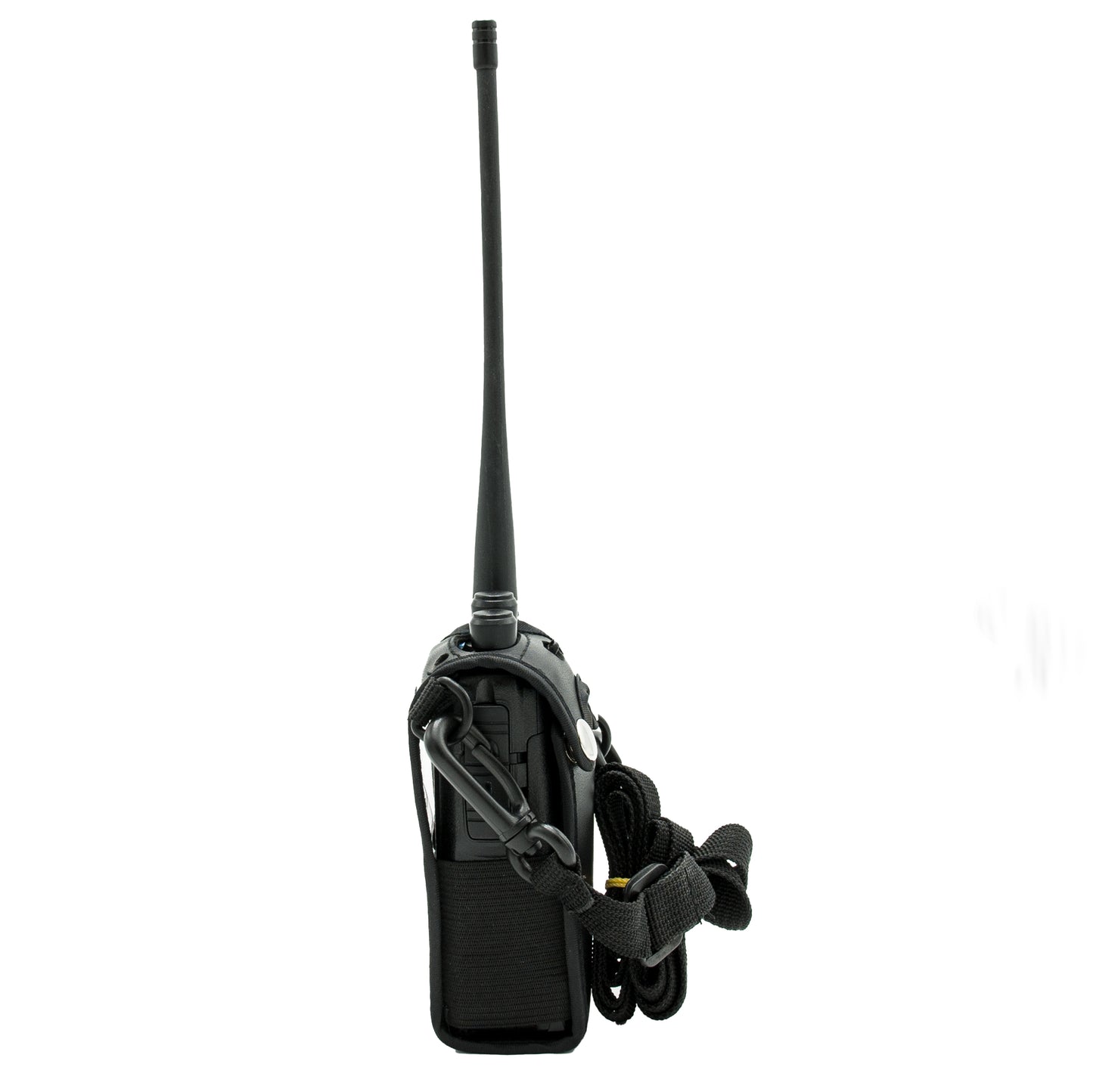 The Heavy Duty AnyTone 868/878 Protective Case houses a black two-way radio with a long antenna and is attached to a black strap. The radio, standing upright against a plain white background, is ready for use.