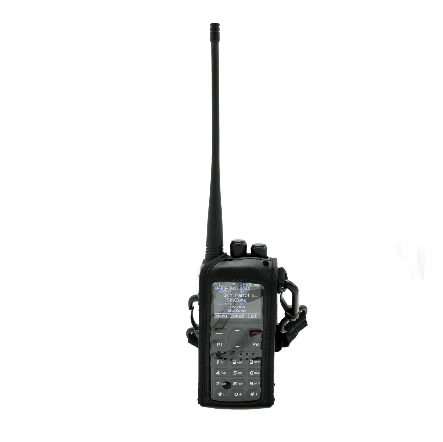 A black handheld two-way radio with an extended antenna, encased in a Heavy Duty AnyTone 868/878 Protective Case made of faux leather. The device boasts numerous buttons, a screen displaying text, and a clip attachment on the side. Its overall design is sleek and compact, making it ideal for portable communication while providing added protection.