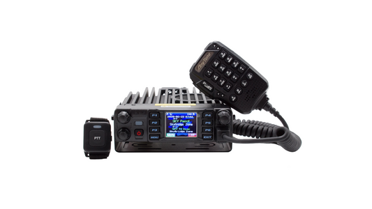 The AT-D578UVIII Plus Commercial Mobile Radio (GPS+BT) features a handheld mic attached via a coiled cord. The radio's screen displays the frequency and other settings, including DMR Repeater Roaming capabilities. A small push-to-talk (PTT) button is located next to the radio, all set against a plain white background.
