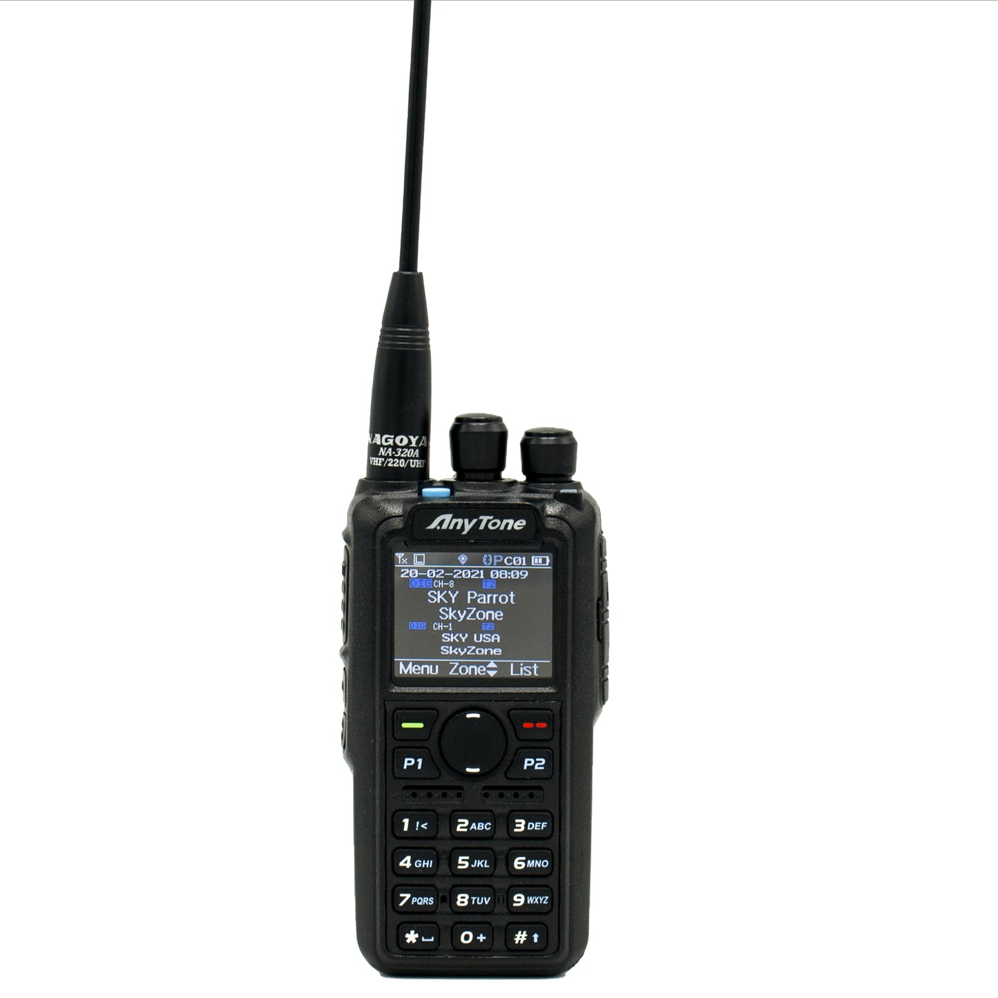 A handheld transceiver labeled "AnyTone" with a digital display showing a menu. The device features a numeric keypad, several buttons labeled P1, P2, Exit/Menu, and two knobs on the top. Attached at the top left is a Genuine Nagoya NA-320A 17.7-Inch whip Triband HT (144-220-440Mhz) Female Antenna with an SMA male base.