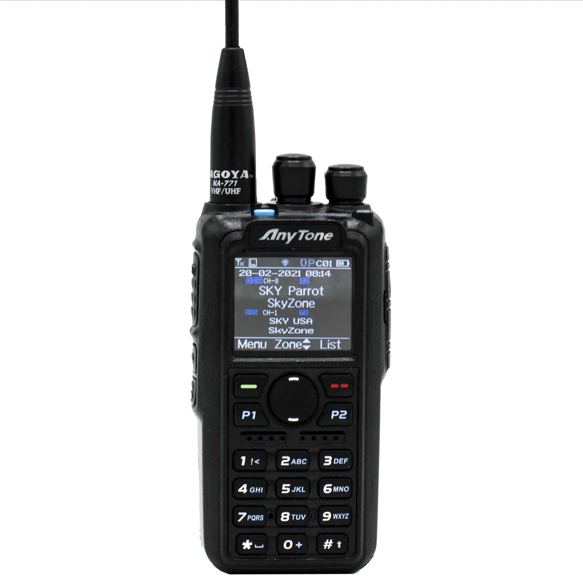 A handheld AnyTone radio transceiver features a digital display showing the date "20-02-2021 08:04" and the text "SKY Parrot, SkyZone," along with various buttons including a keypad, navigation keys, P1, and P2 buttons. An SMA male base supports a Genuine Nagoya NA-771 15.6-Inch Whip VHF/UHF (144/430Mhz) Female Antenna extending from the top, making it ideal for outdoor and camping usage.