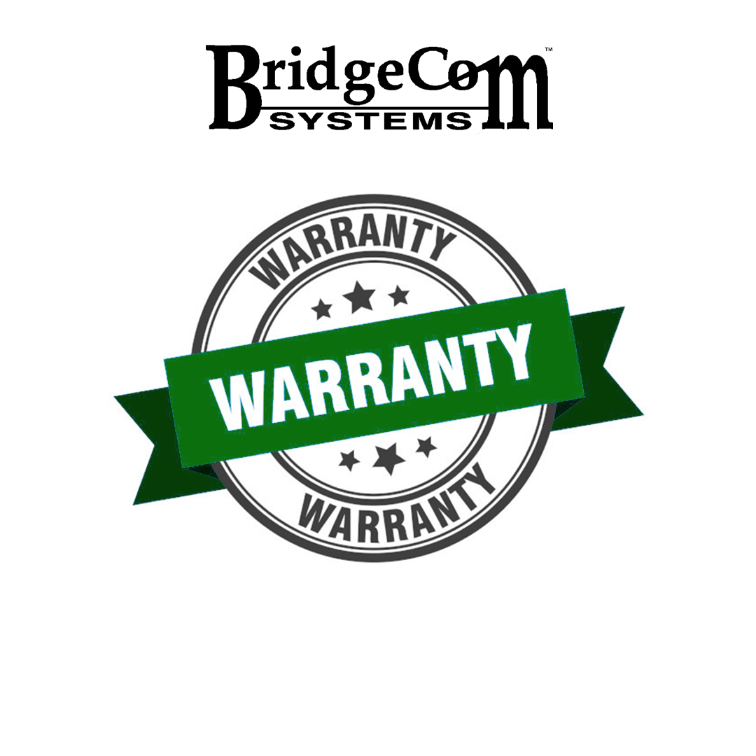 The image showcases the BridgeCom Systems logo prominently at the top. Just below it, there is a circular badge with "WARRANTY" boldly displayed in green text across the center. This badge also features smaller "WARRANTY" text and stars arranged within its circular design, highlighting an easy claims process and expert technical support for the 4 Year Extended Protection Plan for your AnyTone AT-D578UVIII PLUS Tri-Band Amateur DMR Mobile Radio.