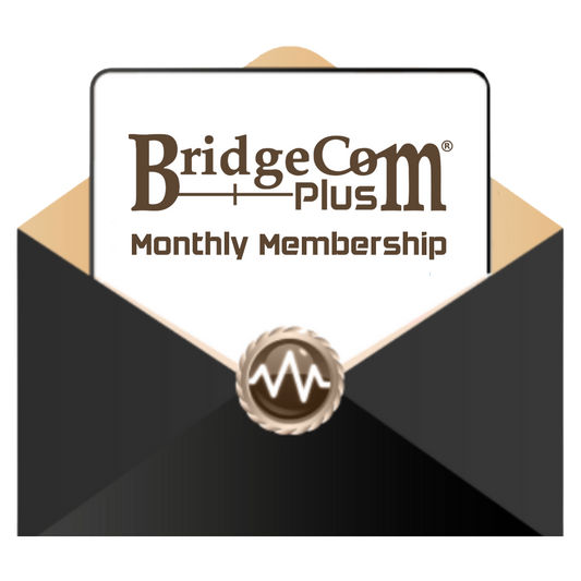 An illustration showing a black envelope with a beige liner. A card is partially visible, emerging from the envelope, displaying the words "BridgeCom Plus (Monthly Membership) with FREE Super Codeplug" in brown text. The envelope flap has a circular emblem with a wave-like design, symbolizing connection to our online community.