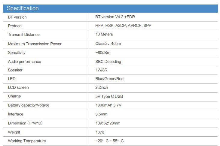 The technical specification table for the AT-D578UV Series Bluetooth Speaker Mic BT-01 includes details on Bluetooth versions, protocols, transmit distance, transmission power, audio performance with a built-in speaker mic, LED colors, LCD screen size, charge options, battery capacity of the 578 UVIII Plus Mobile model, and other physical characteristics.