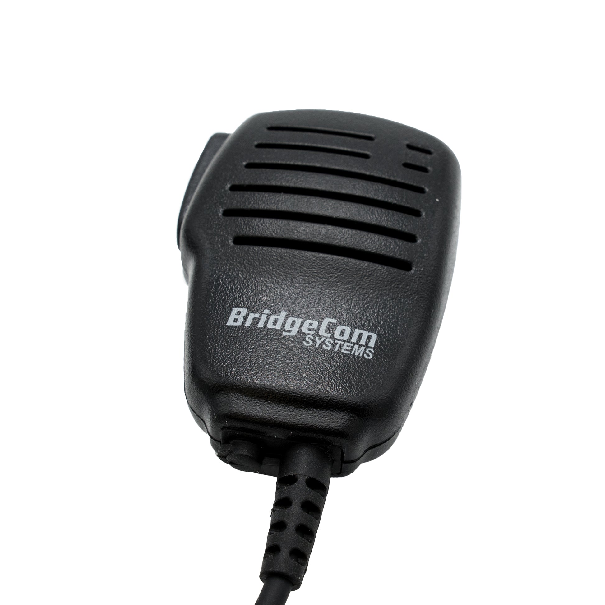 The BridgeCom BCS-200 Water Resistant Speaker Mic by BridgeCom Systems is a black handheld microphone featuring several horizontal slits for audio transmission and a cord extending from its base. This two-way radio accessory is equipped with a wind porting feature to enhance sound clarity.