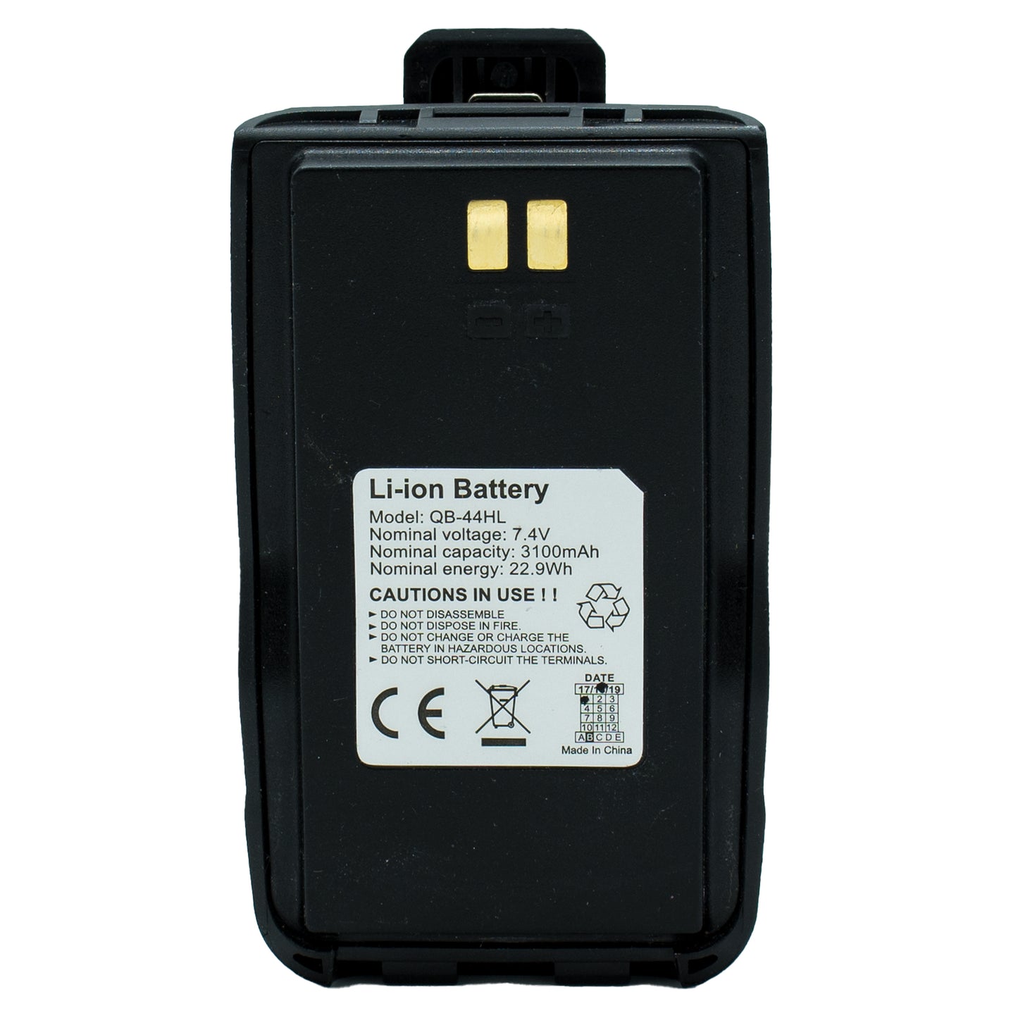 Close-up of a spare black lithium-ion battery with a label detailing specifications and safety information. The label includes model number QB-44HL, 7.4V nominal voltage, 3100mAh nominal capacity, and 22.9Wh nominal energy. Designed for the AnyTone AT-D878UV series belt clip, warnings and certification logos are also visible.