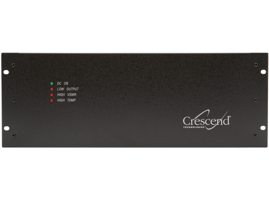 Front view of a black Crescend 10-20W input 100W output VHF power amplifier (136-174MHz) used in radio frequency applications for public safety industries. It has indicator lights labeled "DC ON," "LOW OUTPUT," "HIGH VSWR," and "HIGH TEMP." The "DC ON" light is green, while the other lights are red.