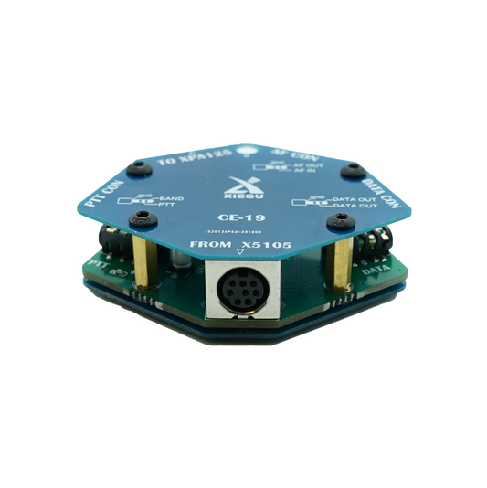 The Xiegu CE-19 Data Interface Expansion Card is a hexagonal electronic device equipped with multiple connectors. The top surface includes labels such as "TO XPA125B," "PTT CON," and "3.5MM-BAND DATA." This device interfaces seamlessly with short-wave transceivers like the Xiegu G90 and features a port with five circular pins, various screws, and electronic components.