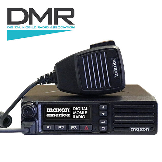 Image of a Maxon MDM-4424 UHF DMR Mobile with a handheld microphone. The device, operating in the UHF 406-470 MHz range, features labeled buttons including P1, P2, P3, and P4, and an indicator screen on the front panel. The Digital Mobile Radio Association (DMR) logo is displayed in the top left corner.