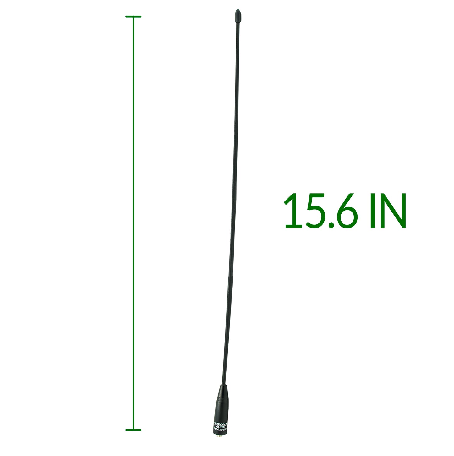 Image of a black, vertically aligned 17.7-inch Genuine Nagoya NA-320A Triband HT Antenna against a white background. The antenna's length is indicated by a green line and marked with the measurement "17.7 IN" in green text beside it, featuring an SMA female base for optimal connectivity.