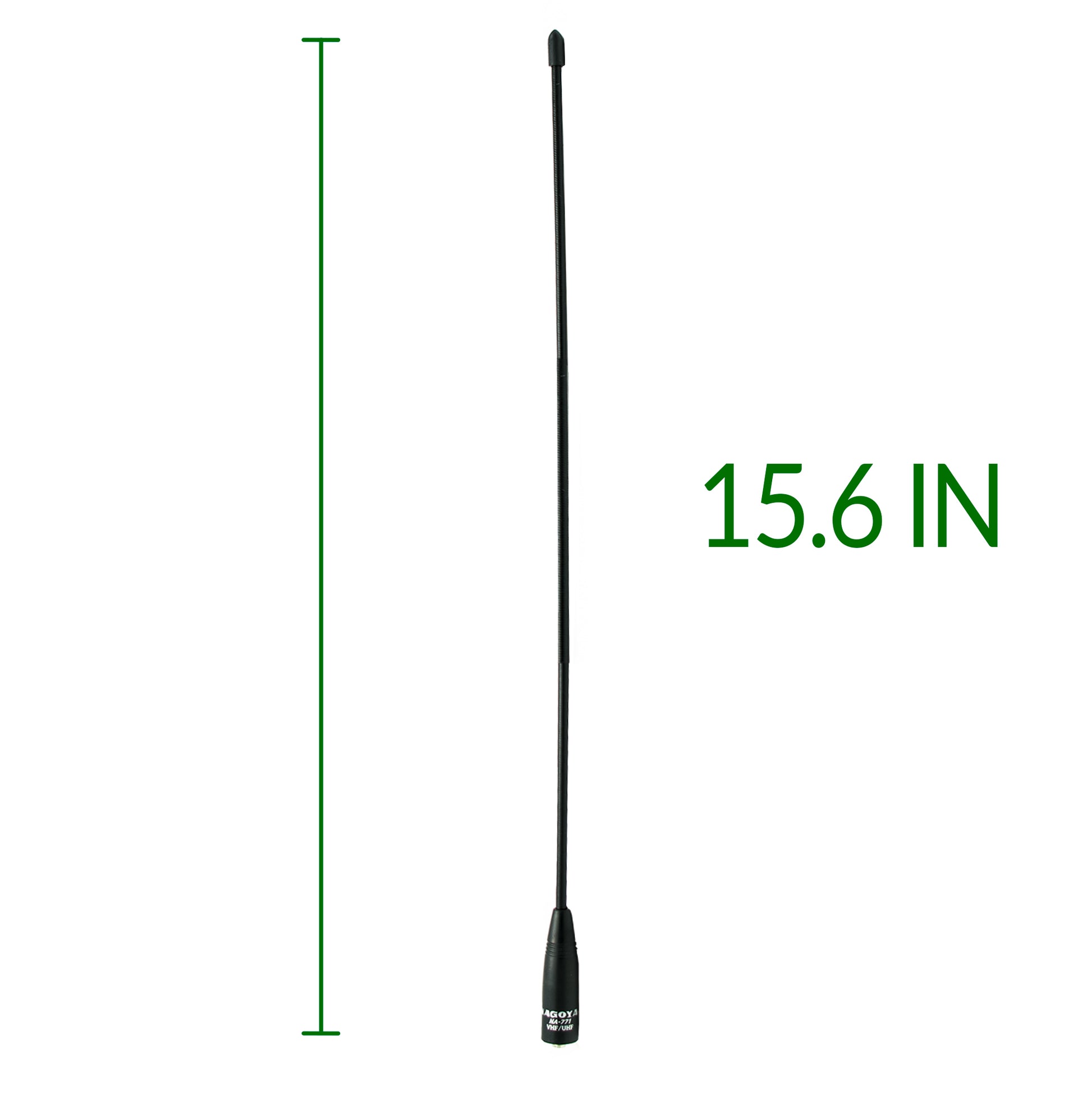 Image of a black Genuine Nagoya NA-771 15.6-Inch Whip VHF/UHF (144/430Mhz) Female Antenna with an SMA male base, measuring 15.6 inches in length. A green line next to the antenna indicates its height, with the measurement "15.6 IN" written in green text to the right of the antenna, ideal for outdoor and camping usage.