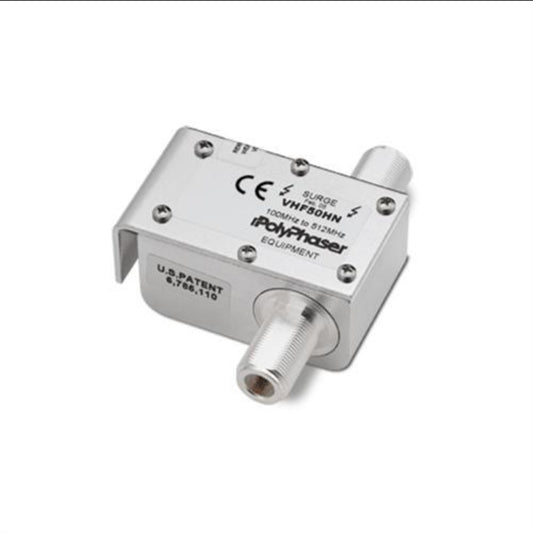 Close-up of a metal RF surge protector labeled "PolyPhaser - RIS-B50HN-C2" with model number VHF50HN. Featuring coaxial connectors, CE compliance markings, and U.S. patent number 6,788,110, this unit is designed for radio frequency applications, supporting 1 GHz to 512 MHz.