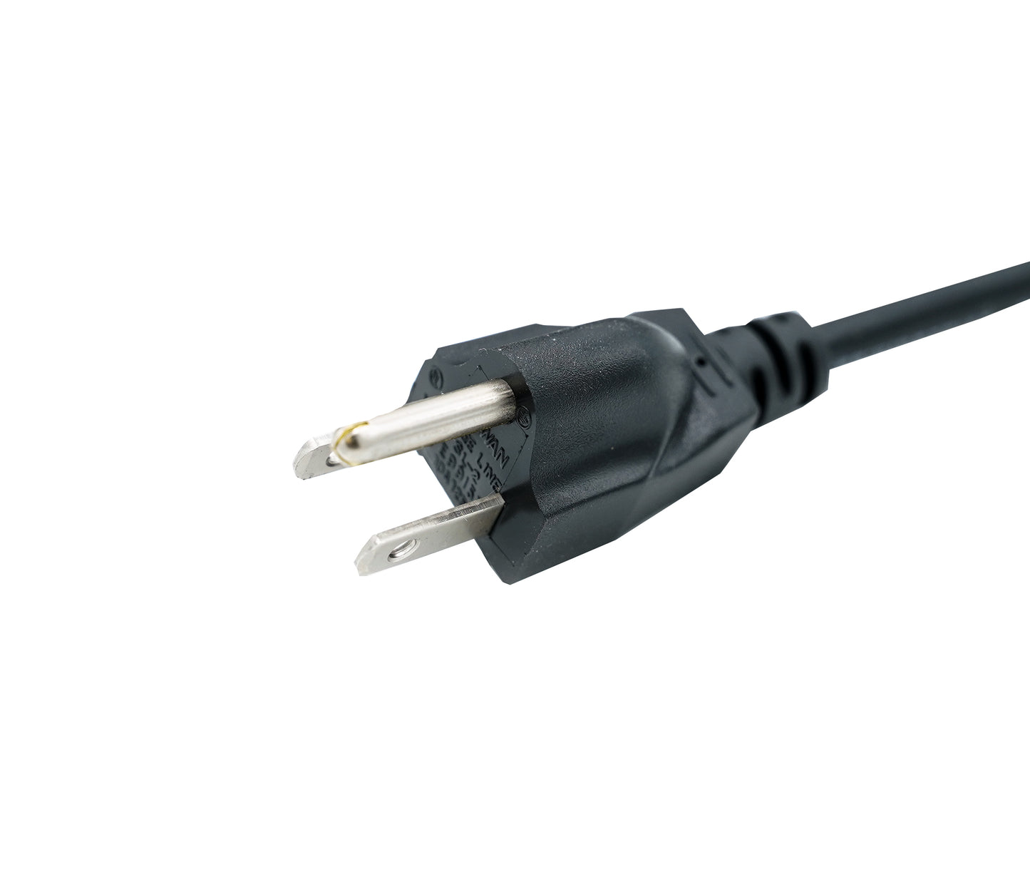 A close-up view of the Duracomm LPX-18BC Power Supply with Built-In Battery Charger reveals a black electrical power plug with two metal prongs and an ungrounded socket. The plug, suitable for use with standard electrical outlets, is attached to a black cable. The background is white. This power supply ensures compatibility with both AC Input Voltage systems, making it versatile for various applications.