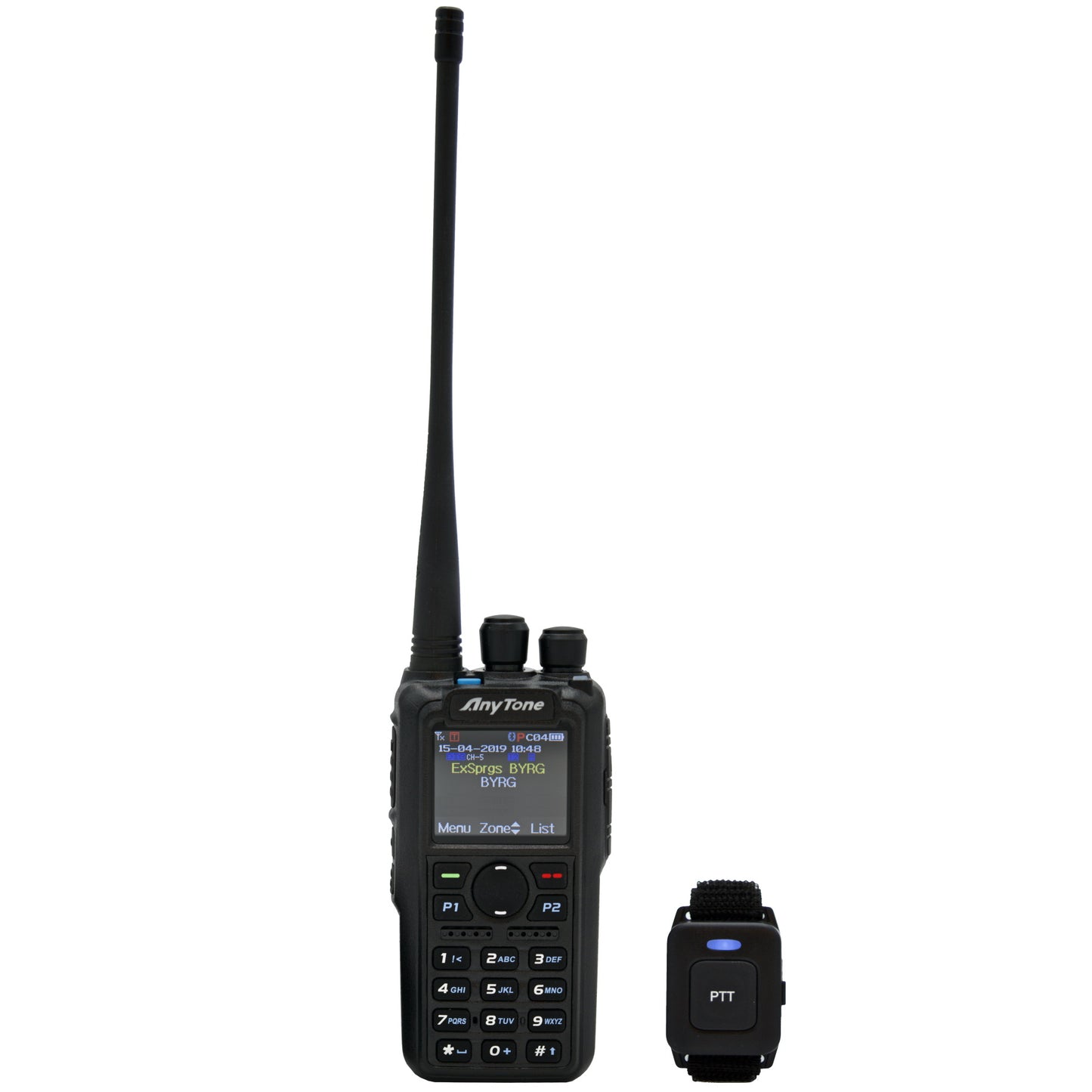 The B-Stock AnyTone AT-D878UV PLUS is a portable two-way radio featuring a long antenna and multiple front-facing buttons, including a numeric keypad and various function keys. Displayed next to this radio is a black wristband equipped with a push-to-talk (PTT) button. The screen on the radio shows various settings and information. Limited stock available!