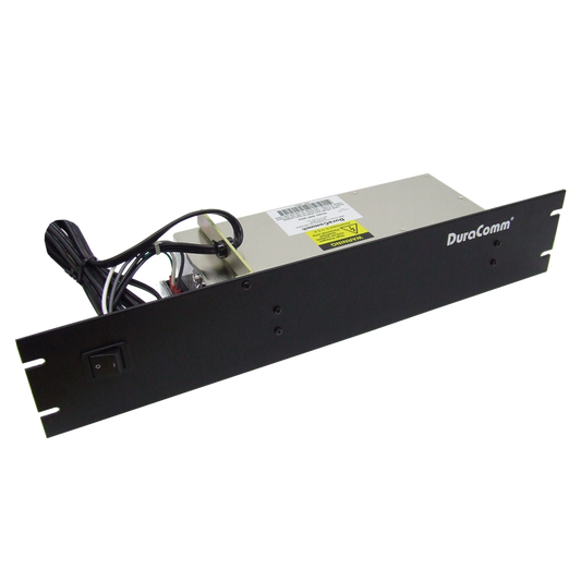 The DuraComm RMF-1048 (48V 10A Power Supply) comes in a sleek silver finish with a black front panel that includes an on/off switch. It is equipped with multiple cables at the back and is designed for rack mounting. This power supply pairs seamlessly with the Crescend 220MHz power amplifier and features ventilation slots on the sides for efficient cooling.