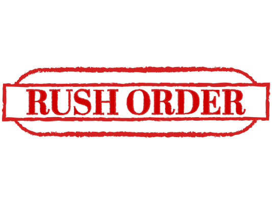 A red and black stamp-like graphic with bold text in the center that reads "Rush Order - Radio/PNP." The design features rough edges and rectangular borders around the text, emphasizing faster shipping and reduced production time.