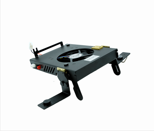 The Xiegu G90-H1 Cooling Bracket, mounted on an adjustable bracket with metal clips, connectors, and wires visible, features a smart temperature sensor. Encased in a rectangular housing with additional mounting attachments on both sides, this advanced cooling system sits against a plain white background.