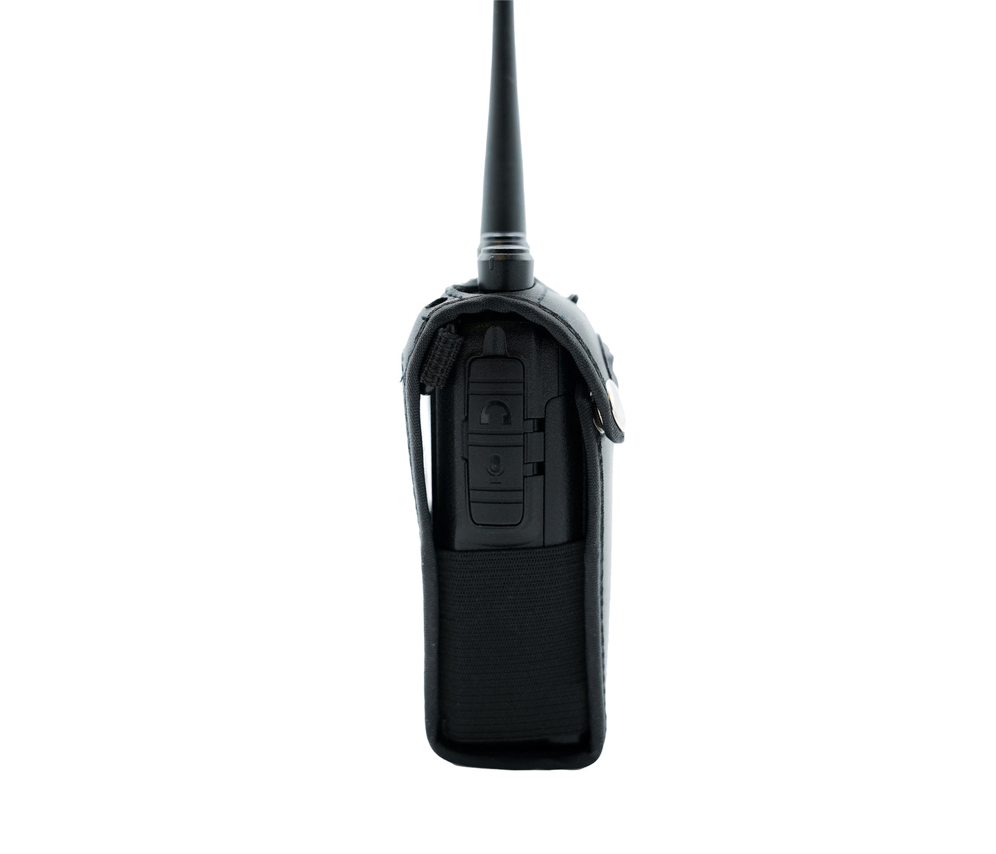 A Heavy Duty AnyTone 868/878 Protective Case sheaths a black walkie-talkie, which stands upright, showcasing its side profile. The device features a long antenna extending from the top, with the case partially covering it. Faux leather stitching details accentuate the case, and open sections reveal the walkie-talkie's buttons and screen.