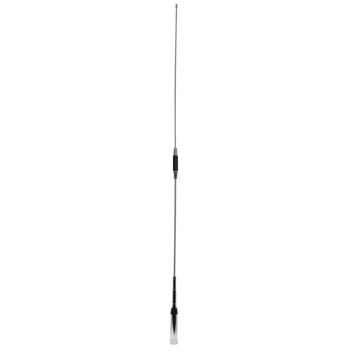 A vertical monopole antenna with a thin, straight rod extends upward from a cylindrical base, resembling the AnyTone Tri-band (144/220/440) Antenna for AT-D578UV Tri Band DMR Mobile. The base appears solid with connectors or couplings visible in the middle section. The antenna is isolated against a white background.