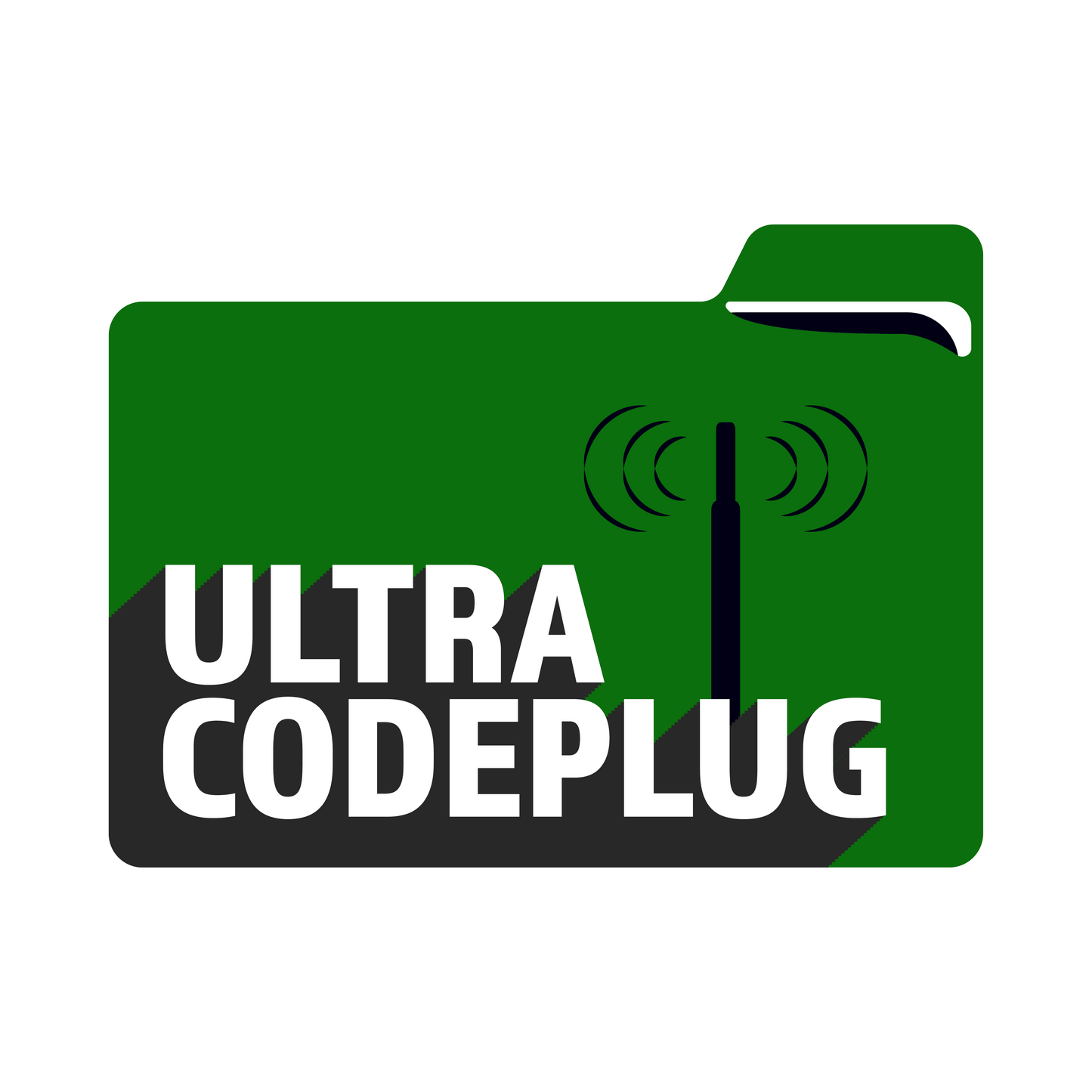 The Green and black logo, resembling a file folder, features the text "ULTRA CODEPLUG." To the right of the text, there is a stylized antenna with curved lines representing signal waves. A white outline in the top right corner of the logo harkens to BridgeCom Plus's exclusive private community.
