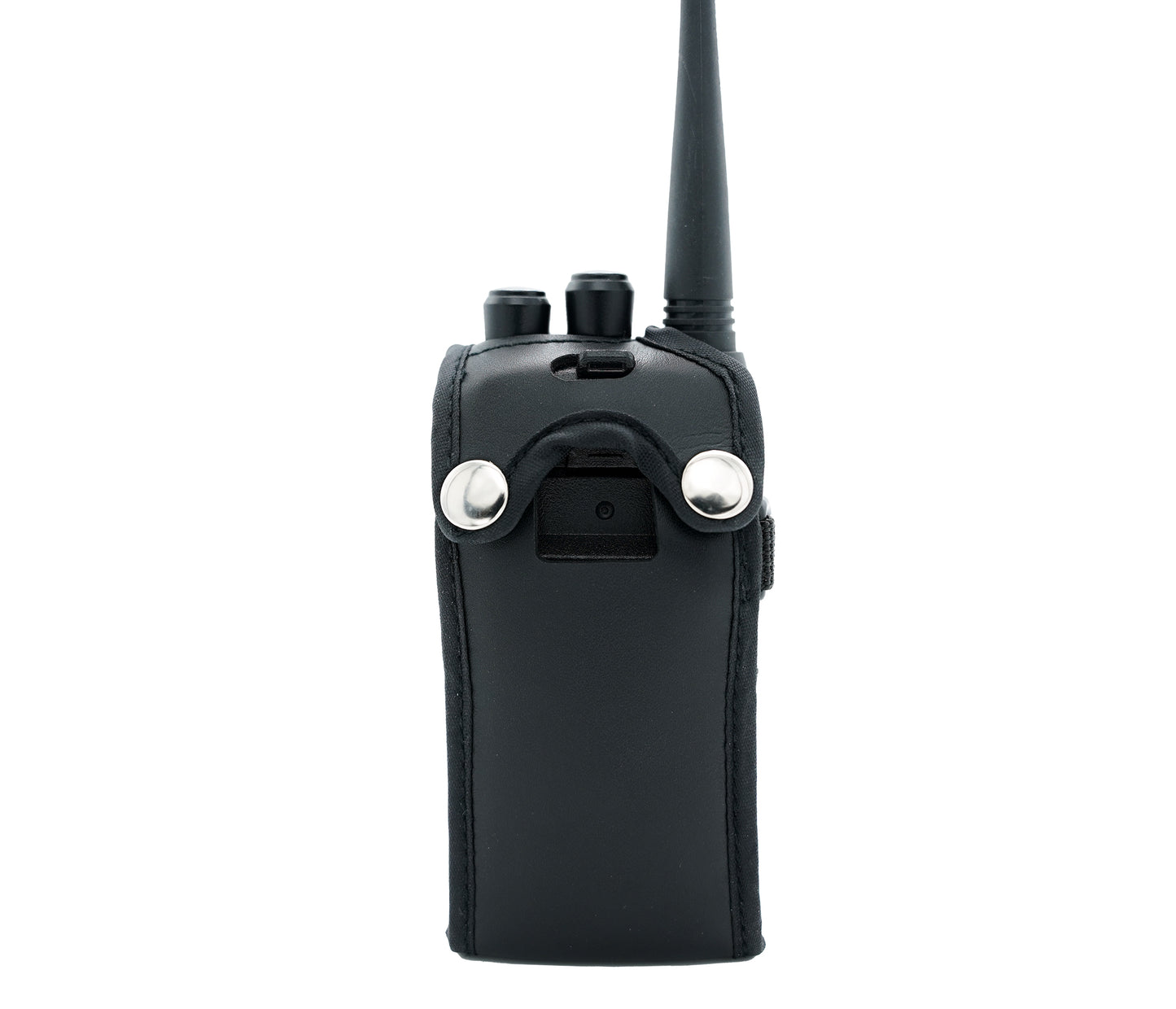 A Heavy Duty AnyTone 868/878 Protective Case for a black two-way radio with an attached antenna, encased in protective faux leather and featuring silver snap buttons on the front.
