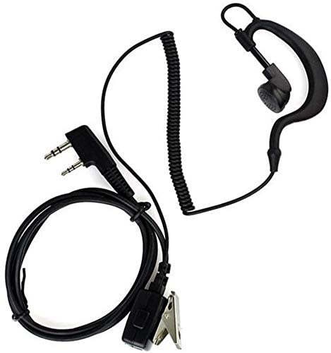 The BridgeCom BCE-100 G-Ring Style Earpiece With Mic in black features a coiled cord connected to a two-prong plug. It has an over-the-ear hook design and includes an additional cable with a metal clip for attaching to clothing, making it ideal for use with handheld radios.