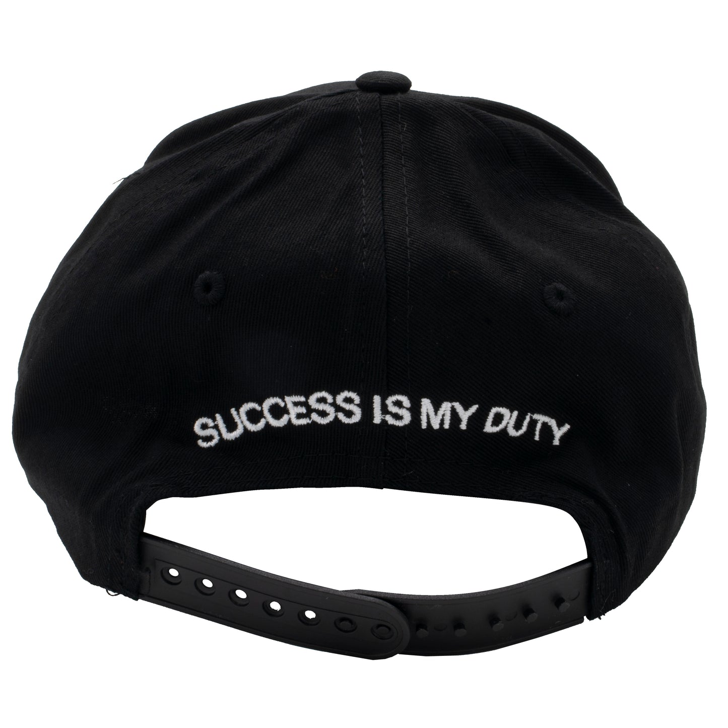 A black BridgeCom Systems Hat from the back, showcasing white embroidered text that reads "SUCCESS IS MY DUTY." This baseball cap features an adjustable strap with snaps for sizing, embodying the spirit of customer success.