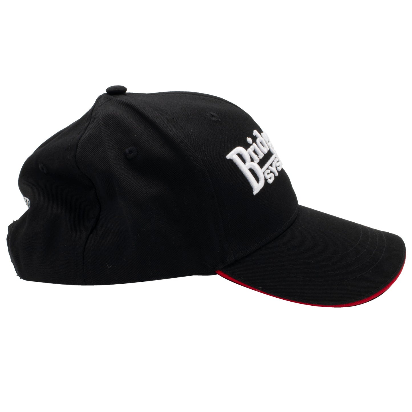 A black baseball cap, branded with "BridgeCom Systems" in white embroidery on the front, viewed from the side. The cap features a curved brim accented with red trim underneath, making it ideal for any Amateur Radio enthusiast.