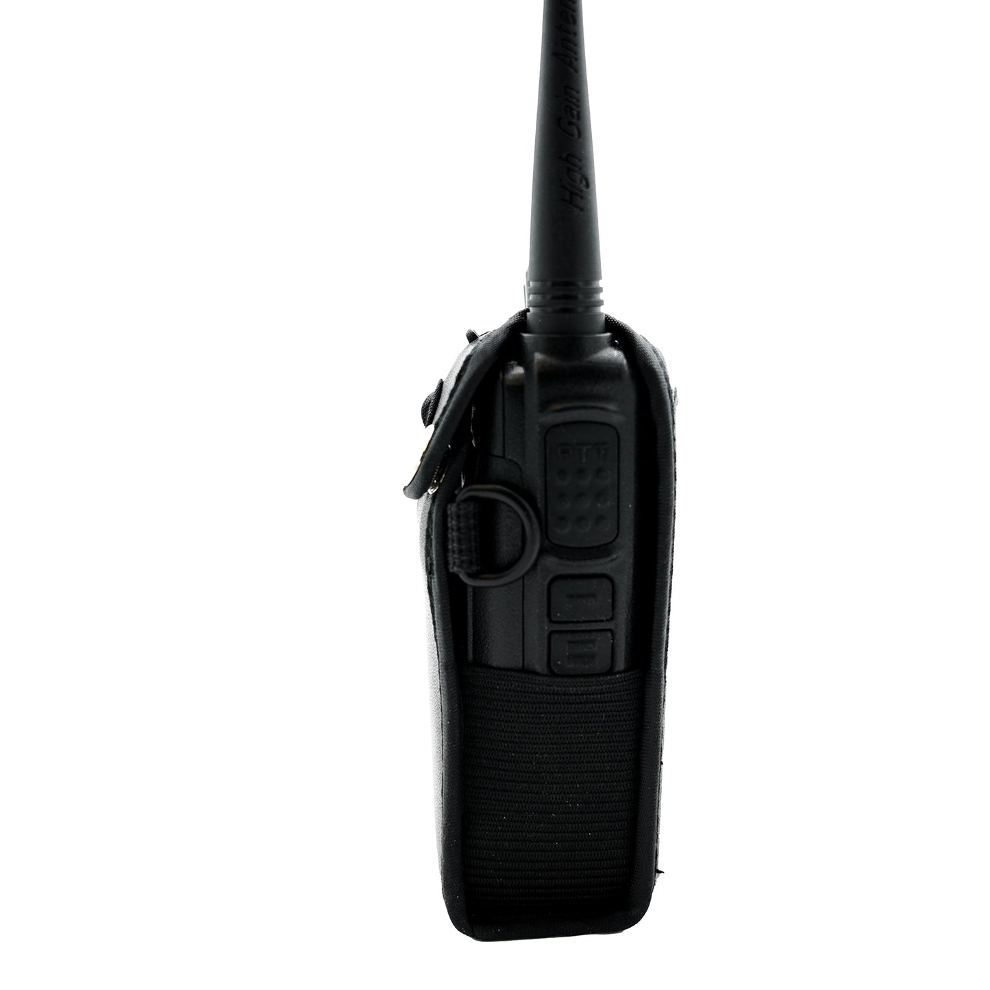 Side view of a black handheld two-way radio with a visible antenna. The device has a compact design and includes buttons and a keypad on the side. It is encased in the Heavy Duty AnyTone 868/878 Protective Case, providing both style and protection.