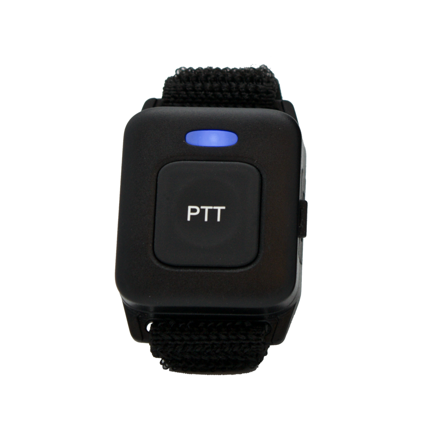 The AnyTone AT-D878UV Plus BlueTooth PTT Button is a compact black wearable device designed to be worn on the wrist. It features a rectangular face with a central gray button labeled "PTT" and has a small blue indicator light above the button. For more details, please call us or check our online chat.