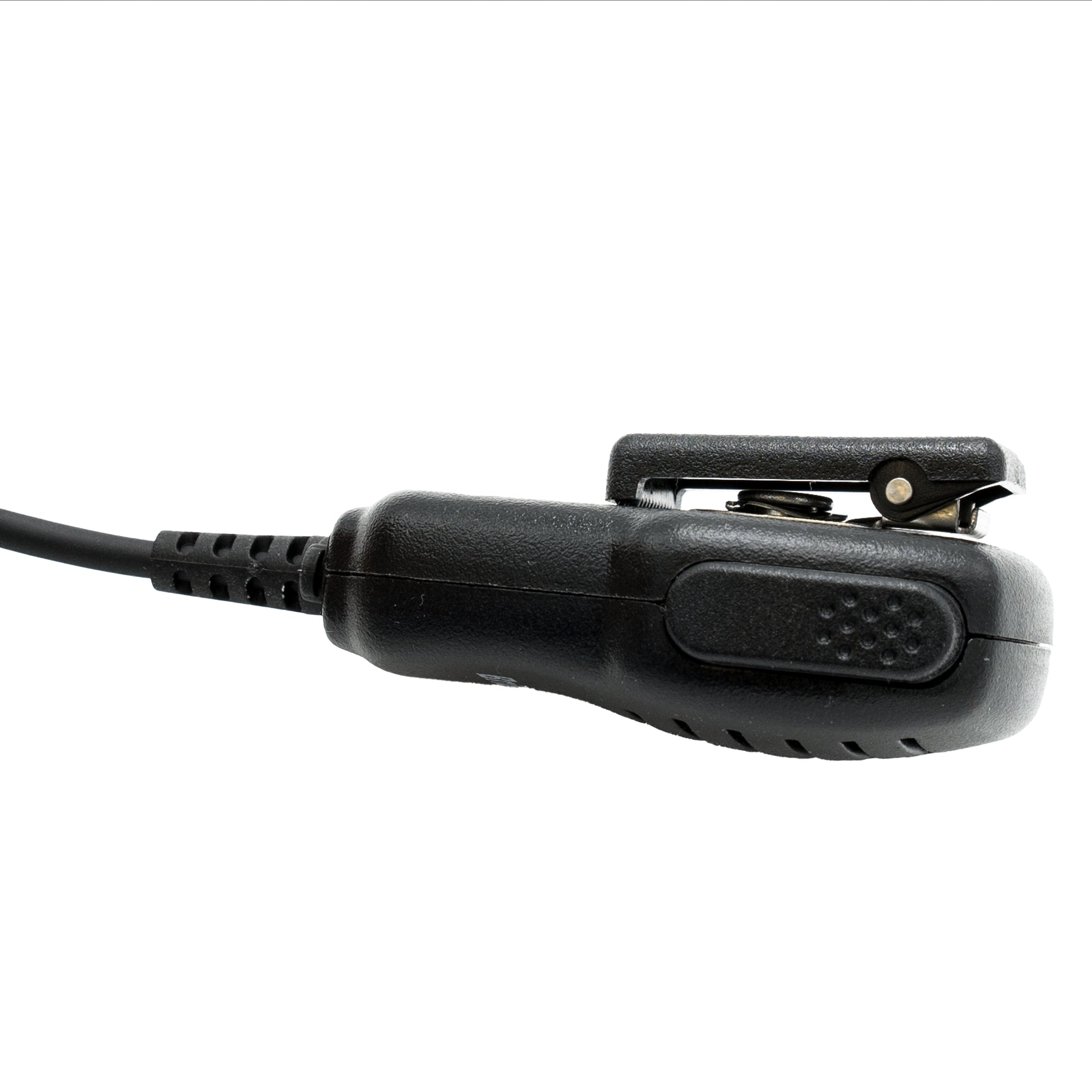 Close-up of a BridgeCom BCS-200 Water Resistant Speaker Mic in black, with a cable extending from the left. The design features a textured grip on the side and a metal clip on top for attachment. Ideal as a two-way radio accessory, its background is plain white.