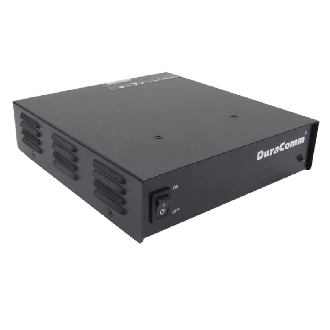 A black DuraComm power supply unit with ventilation slots, a power switch labeled "ON/OFF," and the DuraComm logo printed on the front right side.
