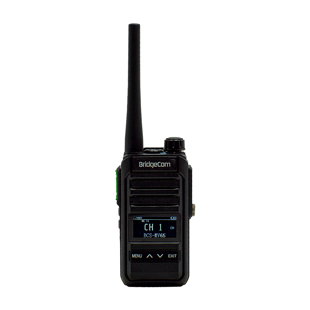 A black BridgeCom handheld two-way radio with a display screen showing "CH 1 BCS-WVES," an antenna on top, and buttons labeled "MENU" and "EXIT" below the screen.