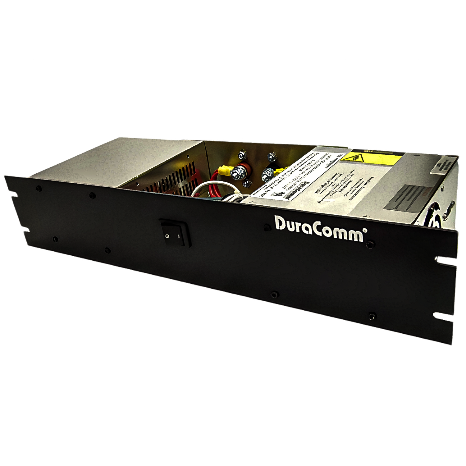 A black DuraComm power supply unit with exposed internal components, vents, and wiring, designed for rack mounting in electronic or networking equipment setups.