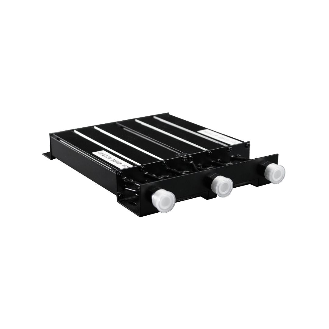 The BCR-GMRS Repeater & Duplexer Power Bundle is a rectangular black metal unit with three white-capped cylindrical connectors, parallel top ridges, and barcode labels, shown flat against a white background.