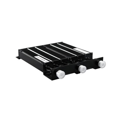 The BCR-GMRS Repeater & Duplexer Power Bundle is a rectangular black metal unit with three white-capped cylindrical connectors, parallel top ridges, and barcode labels, shown flat against a white background.