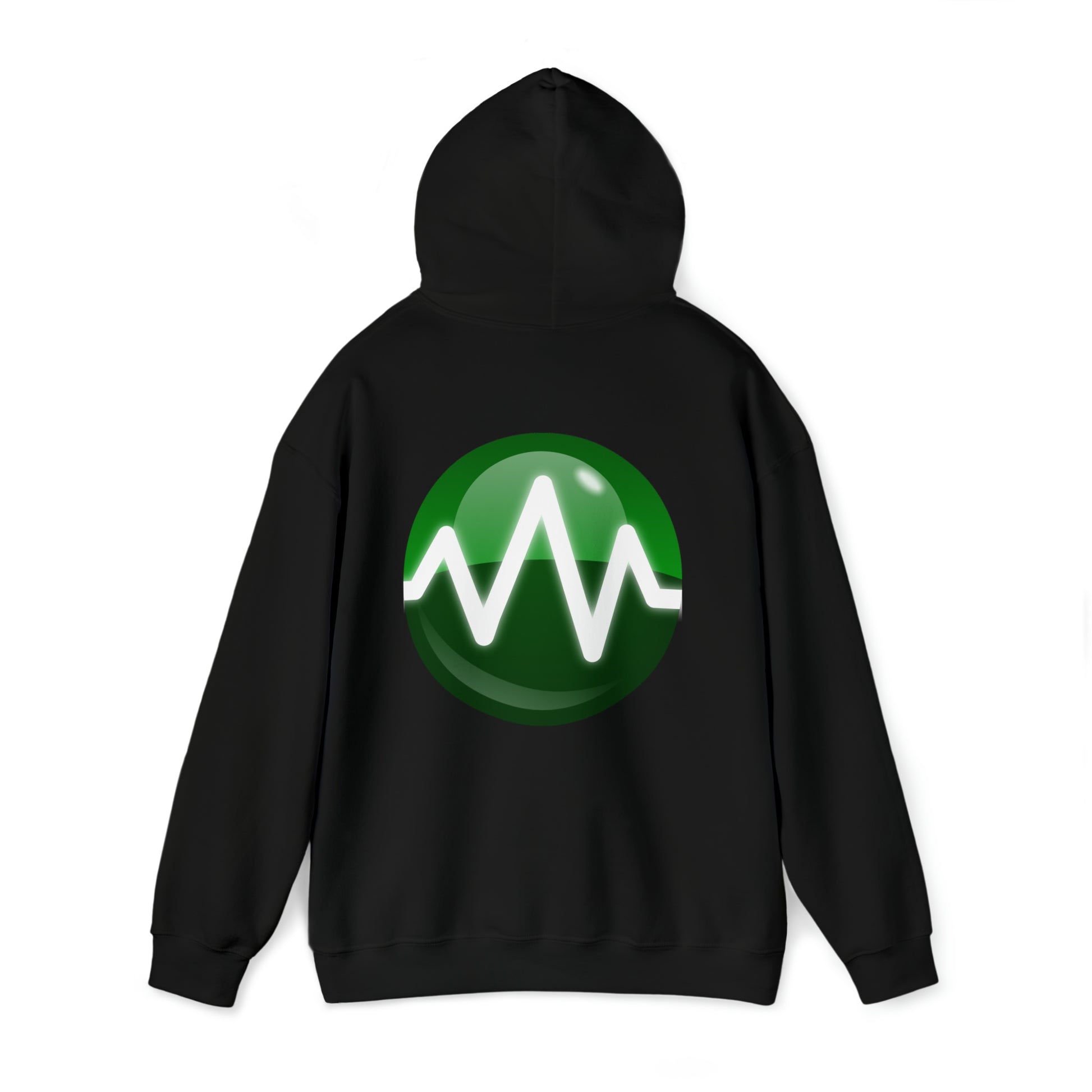 A black Unisex Heavy Blend™ Hooded Sweatshirt from BridgeCom Systems is displayed on a white background. Made from a 50/50 cotton-polyester blend, the back features a large circular green emblem with a white waveform design in the center. The hoodie has a hood and long sleeves, making it perfect for amateur radio enthusiasts.