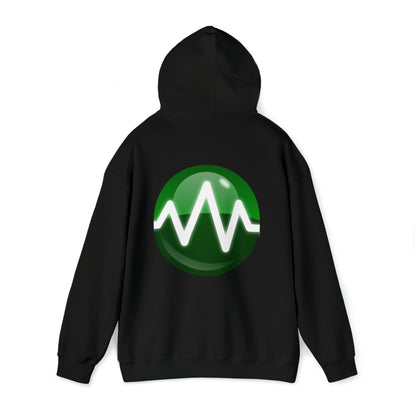 A black Unisex Heavy Blend™ Hooded Sweatshirt from BridgeCom Systems is displayed on a white background. Made from a 50/50 cotton-polyester blend, the back features a large circular green emblem with a white waveform design in the center. The hoodie has a hood and long sleeves, making it perfect for amateur radio enthusiasts.