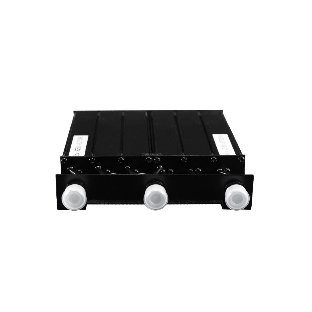 The BCR-GMRS Repeater & Duplexer Power Bundle is a black, rectangular GMRS device with three white circular connectors on the front, shown against a white background. It features a sleek industrial design and is FCC Part 95E certified.