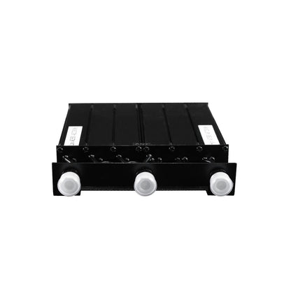 The BCR-GMRS Repeater & Duplexer Power Bundle is a black, rectangular GMRS device with three white circular connectors on the front, shown against a white background. It features a sleek industrial design and is FCC Part 95E certified.