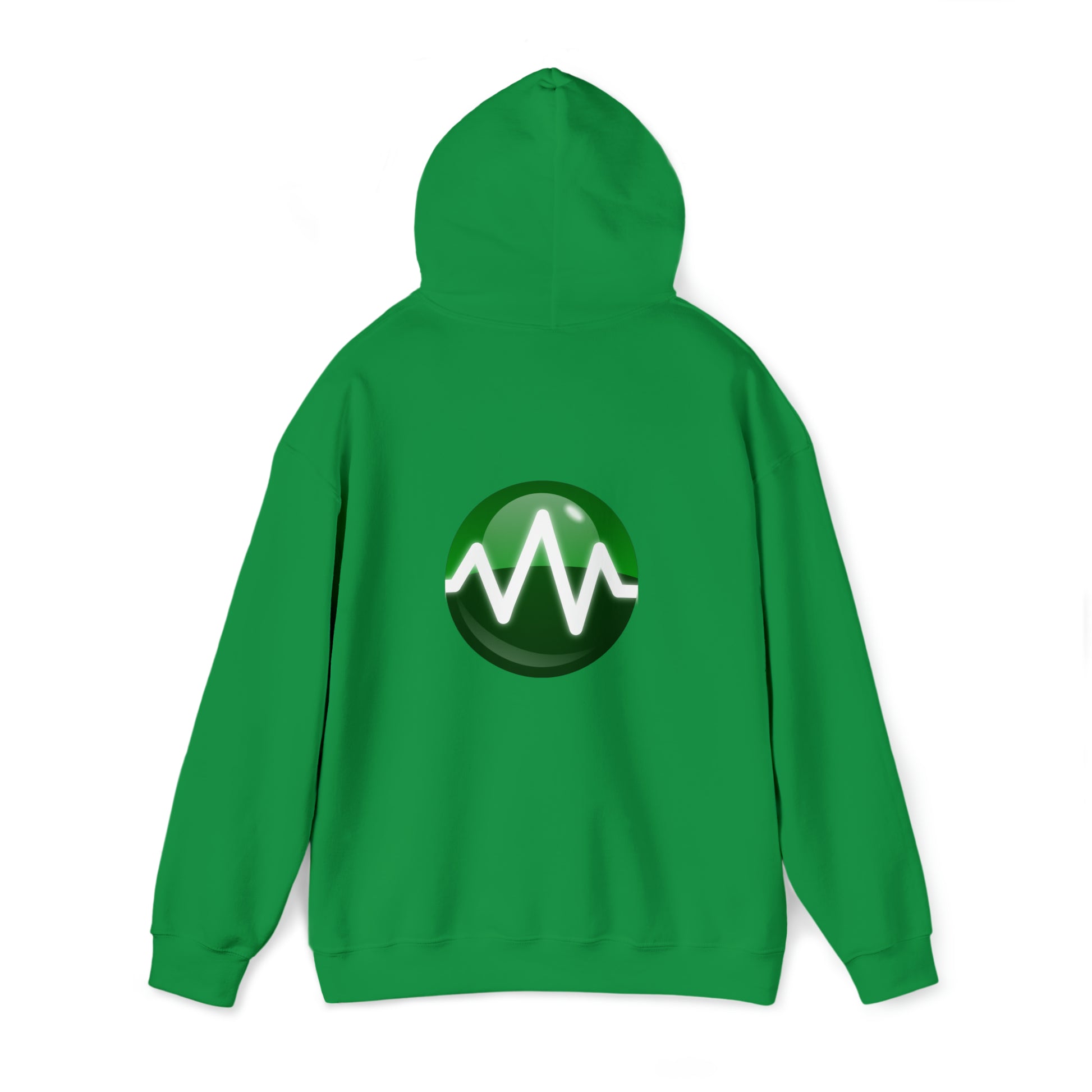 A green Unisex Heavy Blend™ Hooded Sweatshirt from BridgeCom Systems, featuring a white waveform graphic inside a green circle prominently displayed on the back. Made from a comfy 50/50 cotton-polyester blend, the hoodie is laid out flat on a white background.
