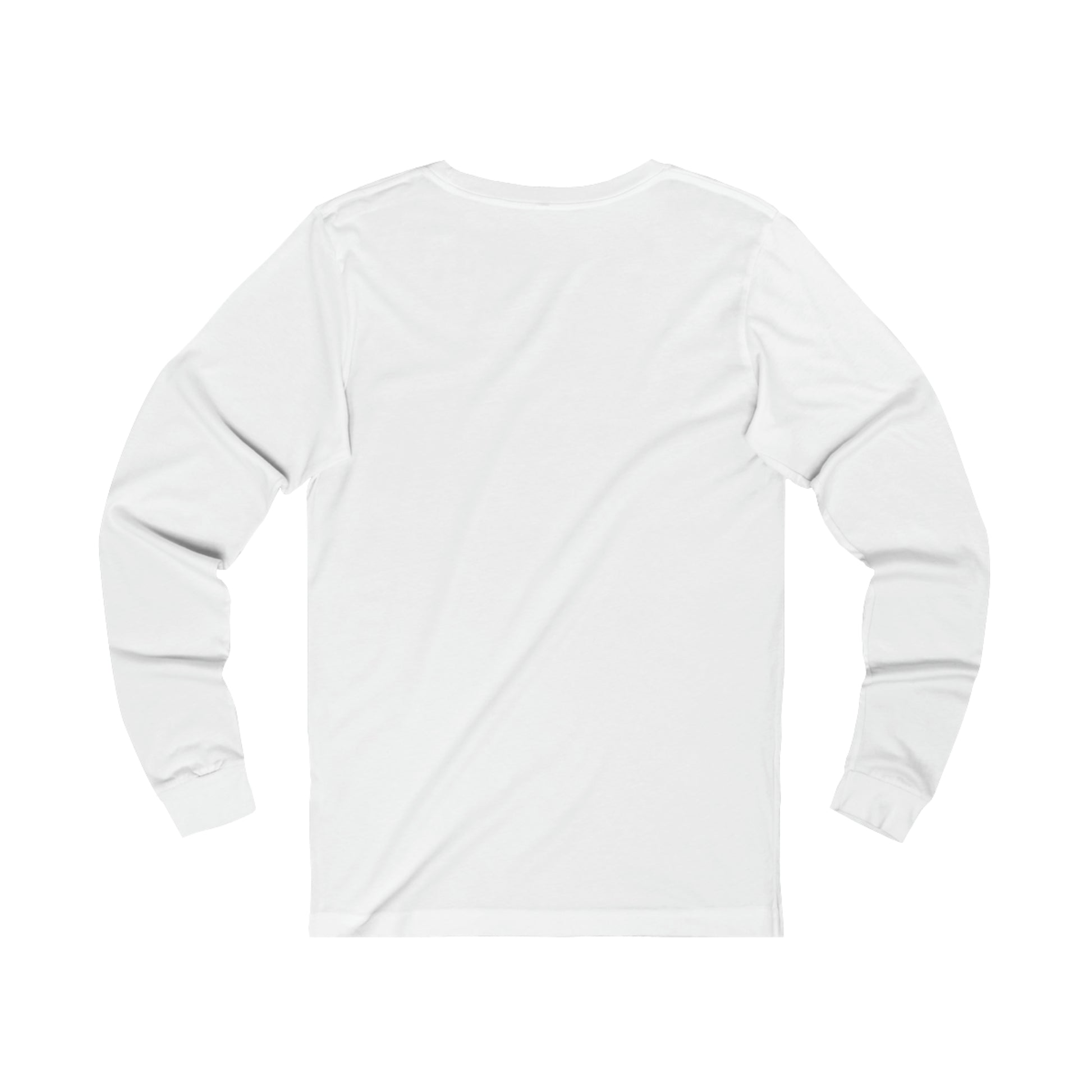 The image showcases a plain Unisex BridgeCom Long Sleeve Tee, laid flat on a white background. The back of the shirt is visible, highlighting its simple and unadorned design with no logos or patterns—perfect attire for ham radio events where functionality meets simplicity.