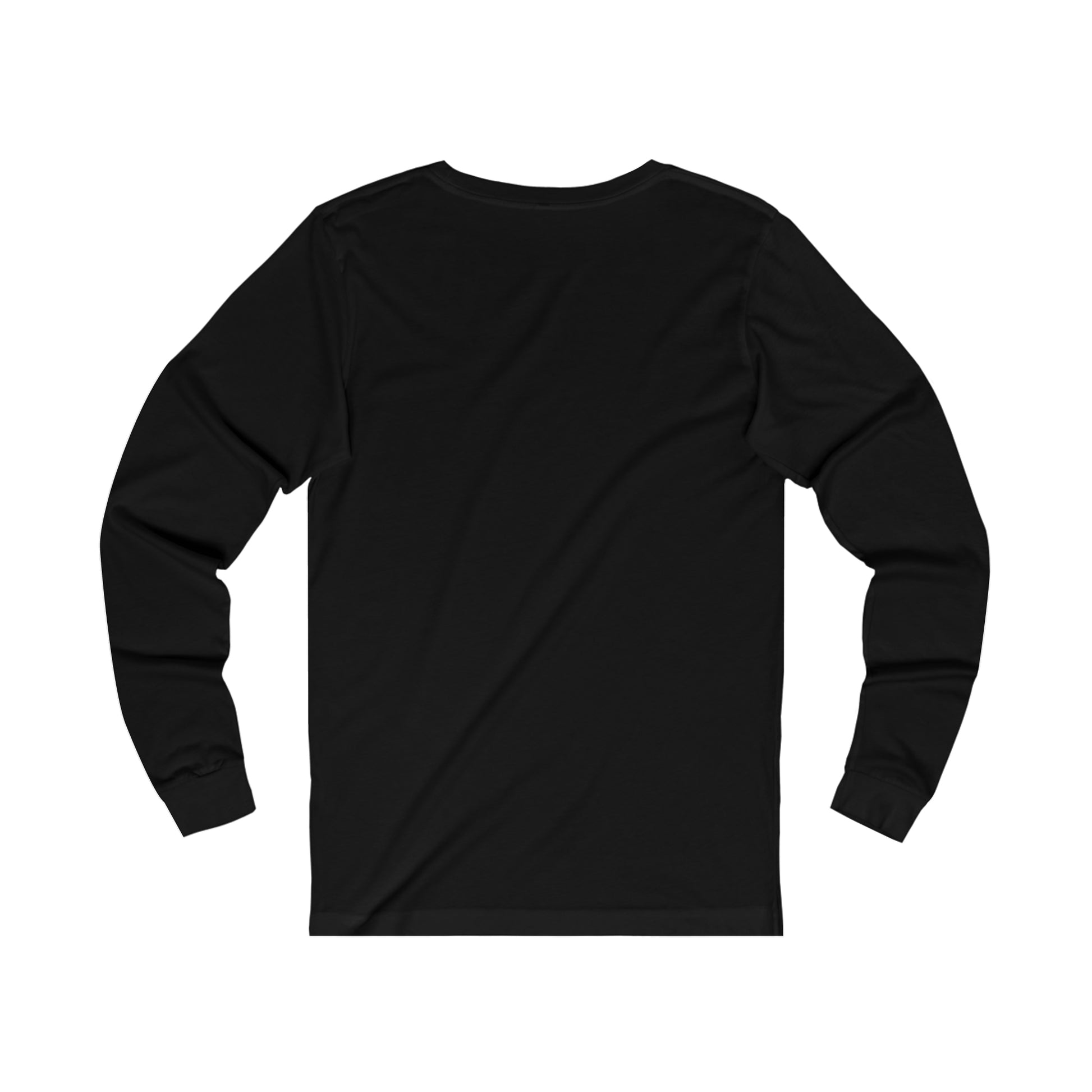 The Unisex BridgeCom Long Sleeve Tee is displayed on a flat surface with the back of the shirt facing upwards. The black shirt has a simple, classic design with no visible logos or graphics, featuring a round neckline and ribbed cuffs—perfect for staying comfortable during ham radio events.