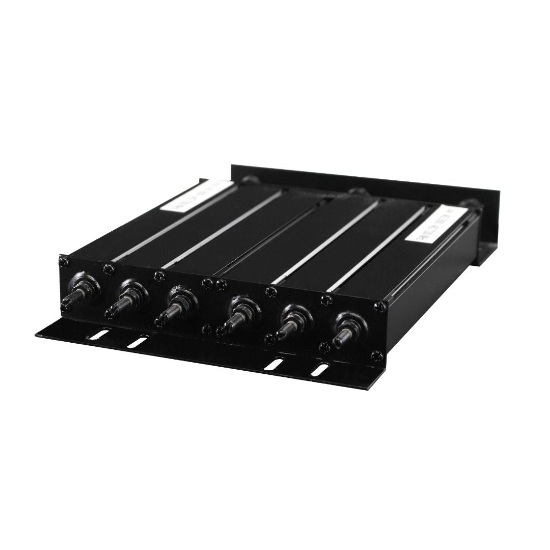 The BCR-GMRS Repeater & Duplexer Power Bundle is a black, rack-mounted GMRS repeater from BridgeCom Systems with four parallel modules, coaxial connectors, labels, and FCC Part 95E certification for reliable communication.